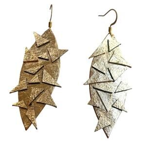 Artisan Handmade Gold Metallic Leather Geometric Whimsical Artsy Earrings
